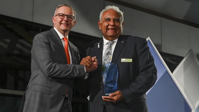 Tom Calma, pictured with Anthony Albanese, has backed in the appointment of an Aboriginal or Torres Strait Islander person to be the next governor-general. Picture: Getty Images