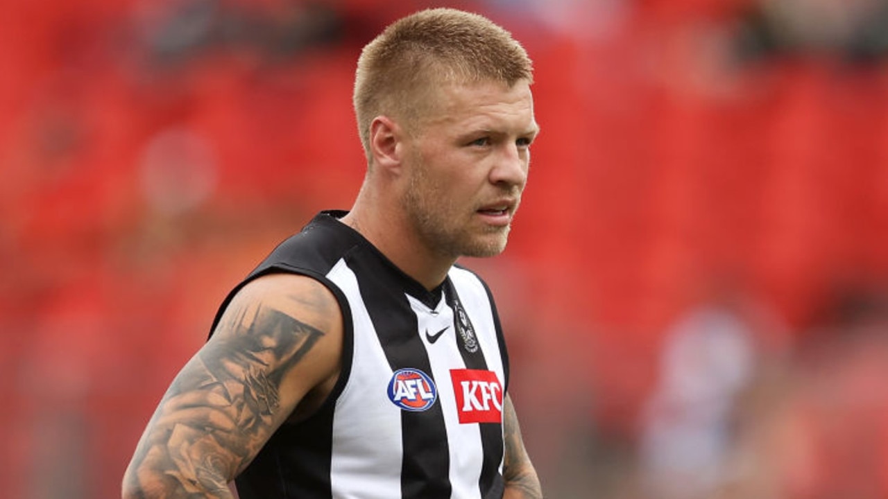 SYDNEY, AUSTRALIA - MARCH 06: Jordan De Goey of the Magpies watches on during the AFL AAMI Community Series match between the Greater Western Sydney Giants and the Collingwood Magpies at GIANTS Stadium on March 06, 2022 in Sydney, Australia. (Photo by Mark Kolbe/Getty Images)