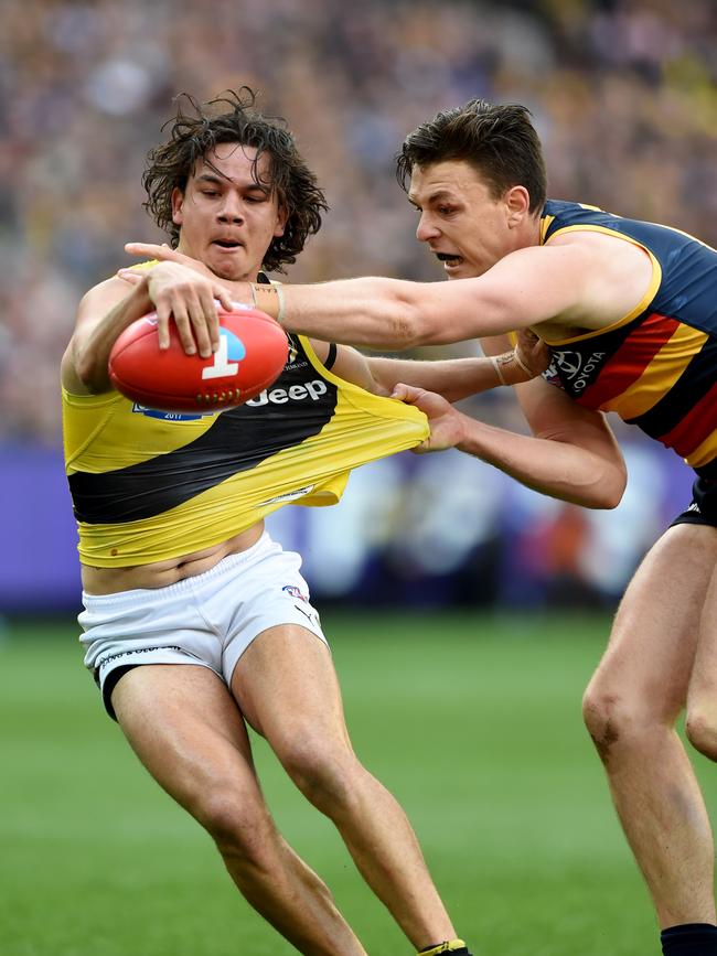 Daniel Rioli gets tackled. Picture: Nicole Garmston