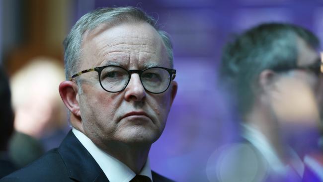 Anthony Albanese listens to Shadow Treasurer Jim Chalmers addressing the National Press Club in the Great Hall at Parliament House on Tuesday. Picture: Gary Ramage