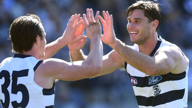 Geelong’s reliance on Patrick Dangerfield will increase on account of Tom Hawkins’ suspension. Picture: AAP Image/Julian Smith