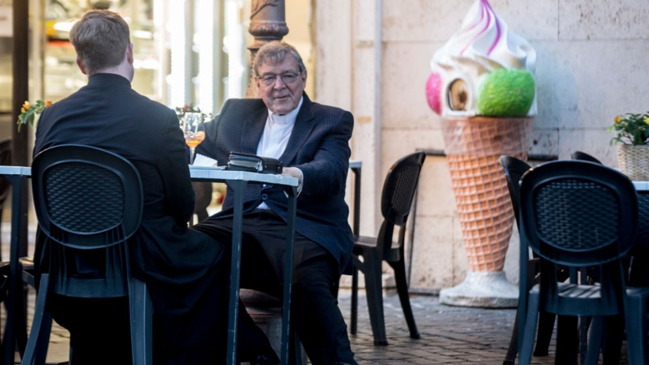 Cardinal Pell enjoys a meal in Vatican City a few months after his release. Picture: Alessandra Benedetti - Corbis/Corbis via Getty Images