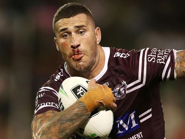 WOLLONGONG, AUSTRALIA - APRIL 20: Joel Thompson of the Sea Eagles runs the ball during the round 6 NRL match between the Dragons and the Sea Eagles at WIN Stadium on April 20, 2019 in Wollongong, Australia. (Photo by Mark Kolbe/Getty Images)