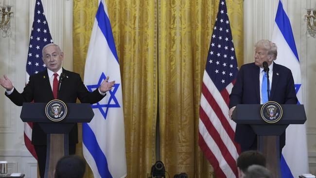 Israeli Prime Minister Benjamin Netanyahu and Donald Trump speak to reporters in the White House. Picture: AP.