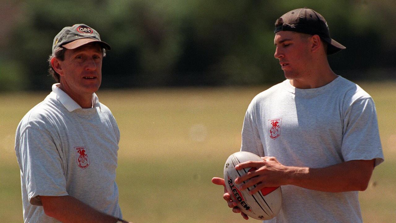 A young Trent Barrett (R) during his first Dragons pre-season, with coach David Waite.