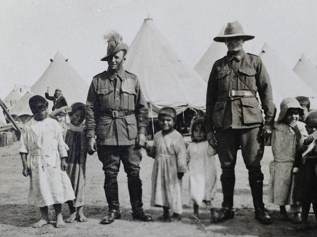 8/04/2015 Margaret Myren's father Royal John George Myren, known as Jack, served in World War I with the 9th Light Horse.Pictured with his best mate from Meningie Dick Robinson who was later killed and died in his arms this photo shows them together with kids captured from the Turks . Pic Mark Brake