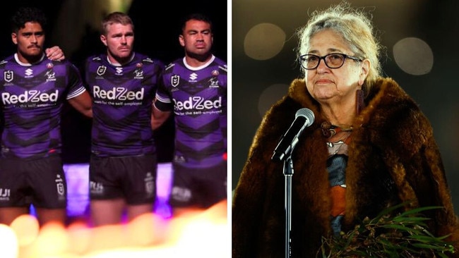The Melbourne Storm pre-match and Aunty Joy Murphy. Photos: Getty Images