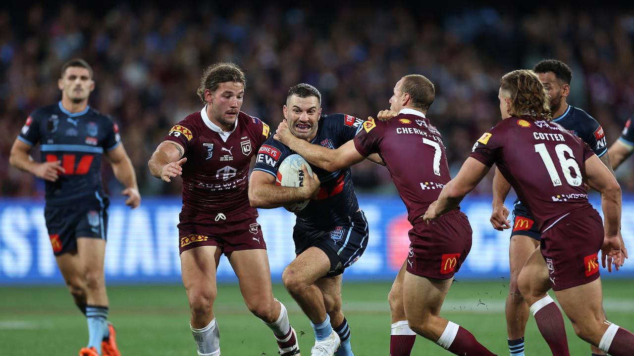 ADELAIDE, AUSTRALIA - MAY 31: James Tedesco of the Blues is tackled during game one of the 2023 State of Origin series between the Queensland Maroons and New South Wales Blues at Adelaide Oval on May 31, 2023 in Adelaide, Australia. (Photo by Cameron Spencer/Getty Images)