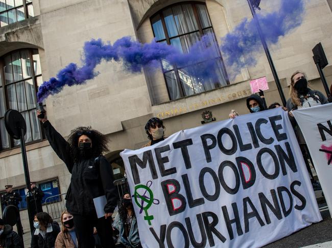 Feminist group Sisters Uncut protest outside the central criminal court as the sentencing hearing for Wayne Couzens takes place at Old Bailey in London. Picture: Getty Images