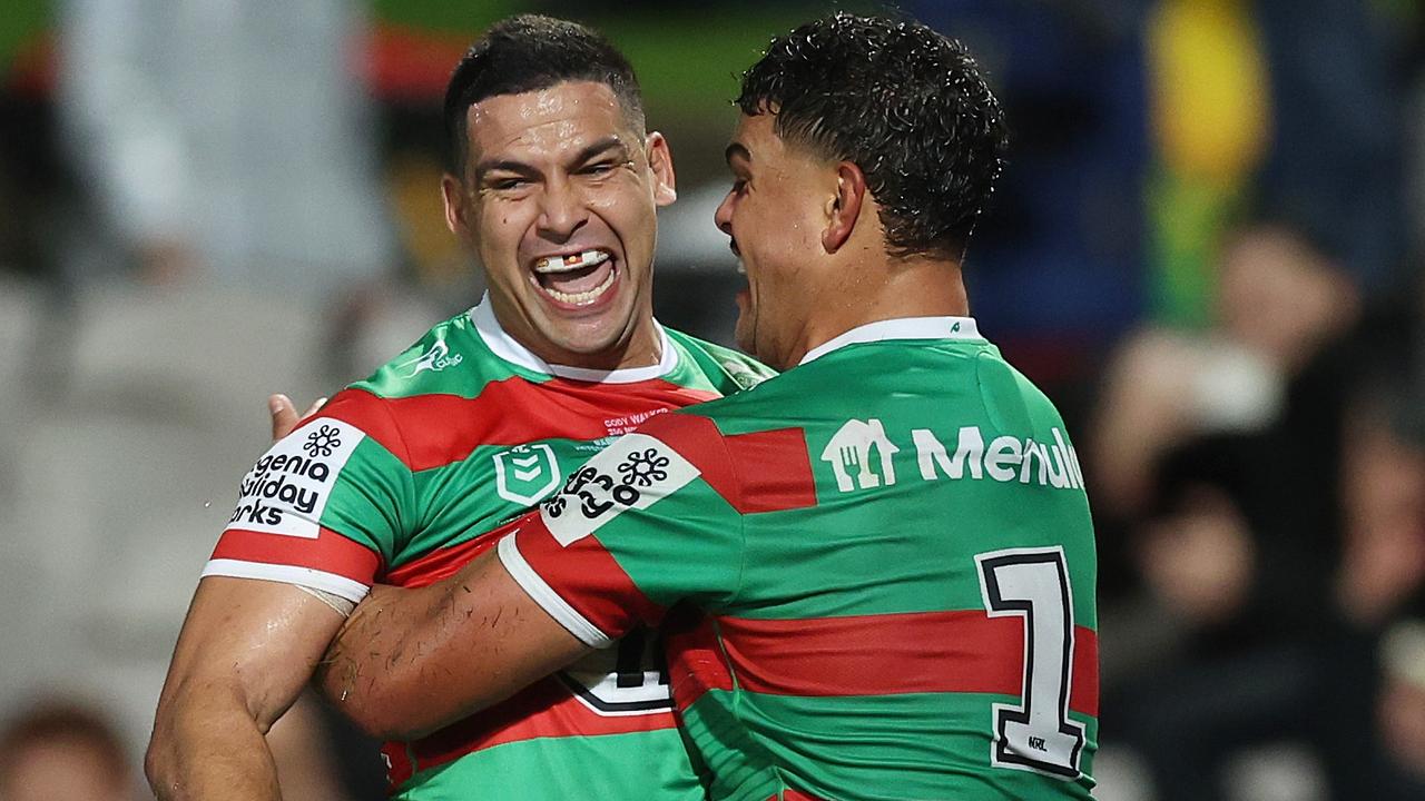 Cody Walker celebrates scoring a try with teammate Latrell Mitchell. (Photo by Mark Metcalfe/Getty Images)