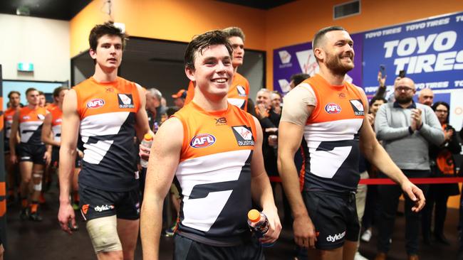 Laughing. Giants players celebrate their win over St Kilda at Spotless Stadium. Picture: Matt King/AFL Media/Getty Images)