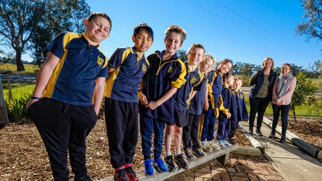 Broken Creek Primary School students Tarryn, Omar, Chenzie, Jeremy, Jorja, Nina, Kade and Mahson, with principal Rebecca Newham and teacher Sonia Waters. Picture: Simon Dallinger