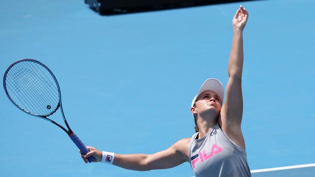 Ash Barty during a practice session at Melbourne Park on Friday ahead of her appearance in the women’s final against American Danielle Collins. Picture: Michael Klein