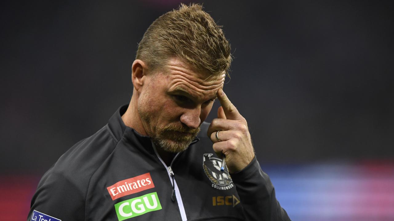 Magpies coach Nathan Buckley isn’t happy with his side’s win over the Western Bulldogs. (AAP Image/Julian Smith)