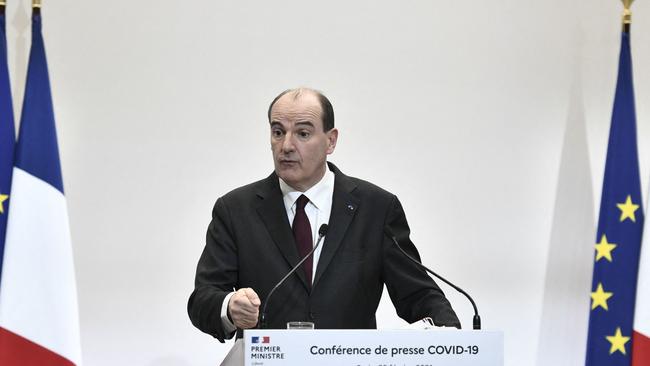 French Prime Minister Jean Castex speaks to reporters. Picture: AFP.