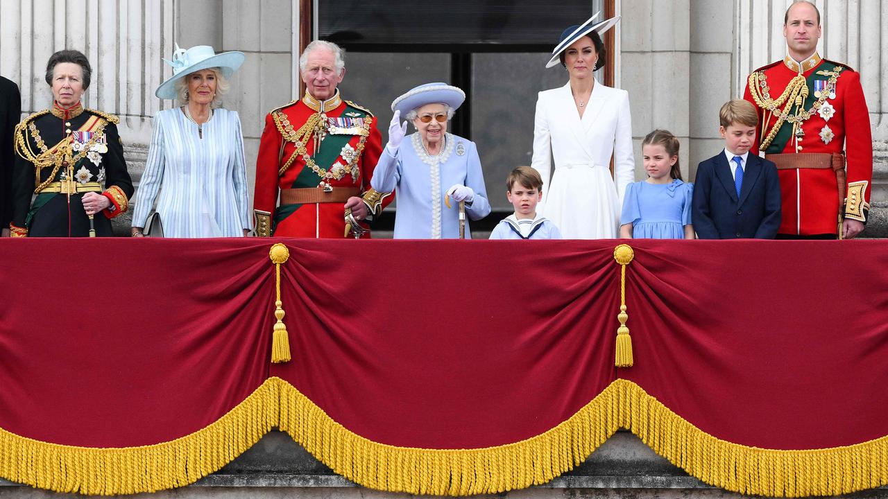 Queen Elizabeth II waves from the Buckingham Palace balcony during her Platinum Jubilee celebrations. Pictured from the left are Princess Anne, Camilla the Duchess of Cornwall, Prince Charles, the Queen, Prince Louis, Catherine the Duchess of Cambridge, Princess Charlotte, Prince George and Prince William. Picture: AFP