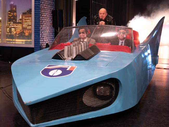 Billy Brownless arrives on the set of The Footy Show Grand Final Eve: My Room Telethon in the  famous AFL grand Final Batmobile on Friday, October 23, 2020.Picture: Fiona Hamilton/Channel 9