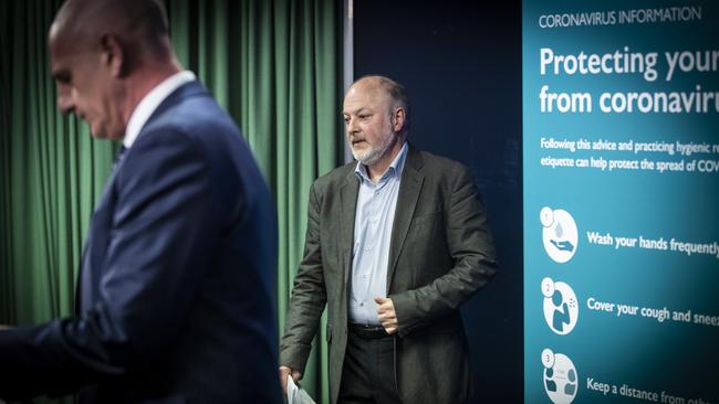 Premier Peter Gutwein and Dr. Mark Veitch at a coronavirus press conference. Picture: LUKE BOWDEN