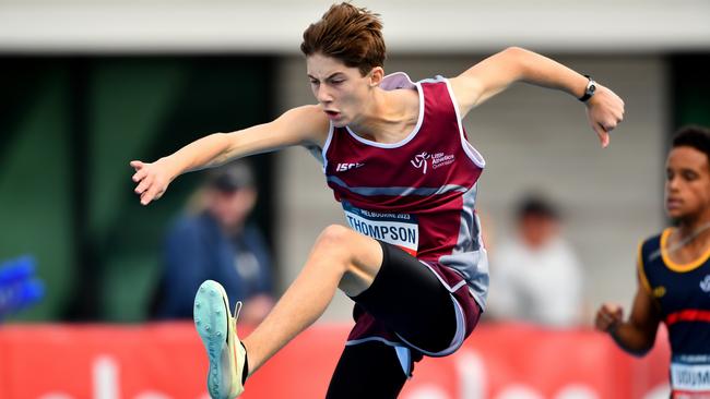 Blade Thompson (QLD) competes in the Boys U14 200m Hurdles during the Australian Little Athletics Championships at Lakeside Stadium in Albert Park, Victoria on April 22, 2023.