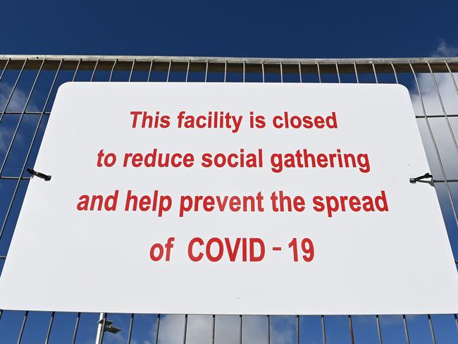 MELBOURNE, AUSTRALIA - MARCH 31: An information notice stating the closure of playing fields is seen on Bailey's Reserve Skate Park on March 31, 2020 in Melbourne, Australia. Public gatherings are now limited to two people, as the Australian Government introduces tougher restrictions in response to the COVID-19 pandemic. Prime Minister Scott Morrison on Sunday told Australians to stay home unless they are shopping for food, receiving medical attention, going to work or education, or for exercise, which is now limited to groups of two. People over 70 have been told to remain inside while public areas such as playgrounds, outside gyms and skateparks will be closed from midday on Monday. International arrivals into Australia are being quarantined in hotels on arrival. (Photo by Quinn Rooney/Getty Images)