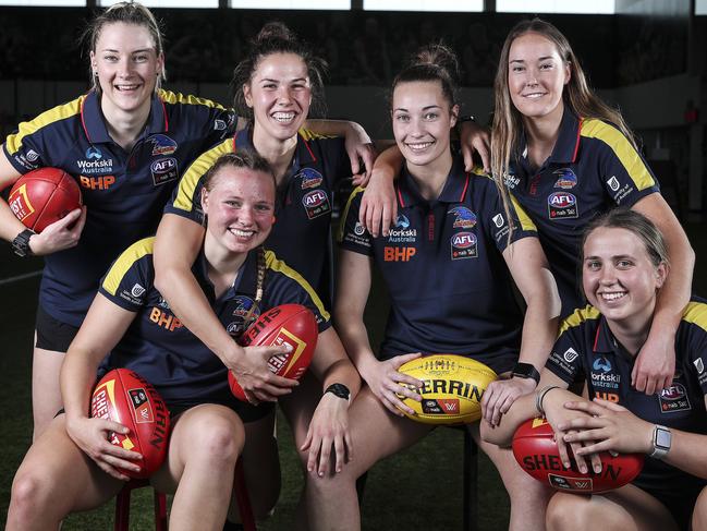 Among the Adelaide Crows new players for 2020 are: Nicole Campbell, Jaimi Tabb, Najwa Allen, Caitlin Gould, Madison Newman and Chelsea Biddell. Picture: SARAH REED