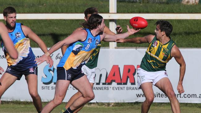 Broadbeach player Bradley Lynch and Maroochy’s Lochie O'Toole Pic Mike Batterham