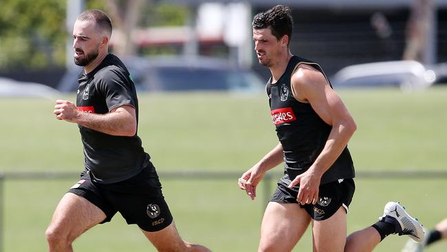 Steele Sidebottom and Scott Pendlebury at Collingwood pre-season training.