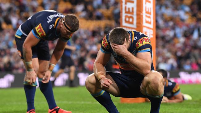 Jai Arrow (right) says it all after the loss to Cronulla. Image: Dave Hunt/ AAP