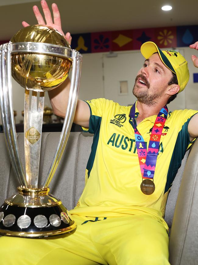 World Cup final player of the match Travis Head enjoys the spoils of victory. Picture: Matthew Lewis-ICC/ICC via Getty Images