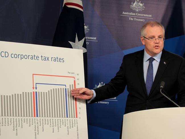 Federal Treasurer Scott Morrison speaks during a media conference on corporate tax at the Commonwealth Parliamentary Offices in Sydney, Thursday, December 21, 2017. The Republican-controlled US House of Representatives has given final approval to the biggest overhaul of the US tax code in 30 years, sending a sweeping $US1.5 ($A2.1) trillion bill to President Donald Trump for his signature. (AAP Image/Ben Rushton) NO ARCHIVING