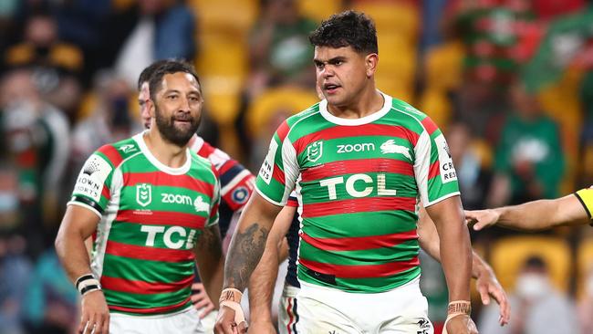 BRISBANE, AUSTRALIA - AUGUST 27: Latrell Mitchell of the Rabbitohs reacts after scoring a try during the round 24 NRL match between the Sydney Roosters and the South Sydney Rabbitohs at Suncorp Stadium on August 27, 2021, in Brisbane, Australia. (Photo by Chris Hyde/Getty Images)