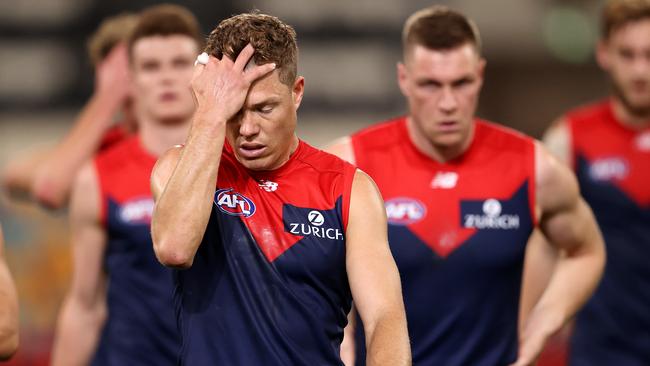 A distraught Jake Melksham after Melbourne’s loss. Picture: Michael Klein