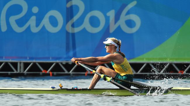 Australia's Kim Brennan struggled during her heat on Day 1 of the Women's Single Scull at Lagoa Stadium. Picture. Brett Costello