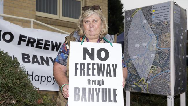 A resident in Watsonia, Michelle Gives, protests against the freeway. Picture: Sarah Matray