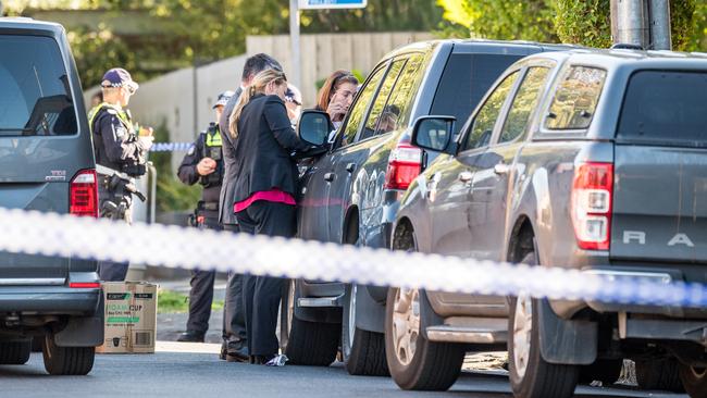 Detectives on the scene at the crime scene on Walpole St, Kew. Picture: Jake Nowakowski