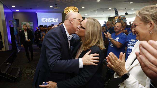 Opposition Leader Peter Dutton embracing his wife Kirilly Dutton at the Liberal Party rally. Picture: Richard Dobson / NewsWire