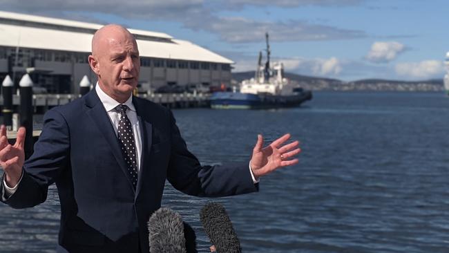 Premier Peter Gutwein at a media conference on the Hobart waterfront on Tuesday, September 14, 2021.