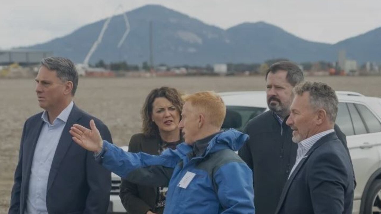 Corio MP Richard Marles, Corangamite MP Libby Coker, David Hay (Recharge Industries), Federal Industry Minister Ed Husic, and Rob Fitzpatrick (Recharge Industries) at the proposed site of the “gigafactory” at Avalon Airport industrial precinct. Picture: Supplied.