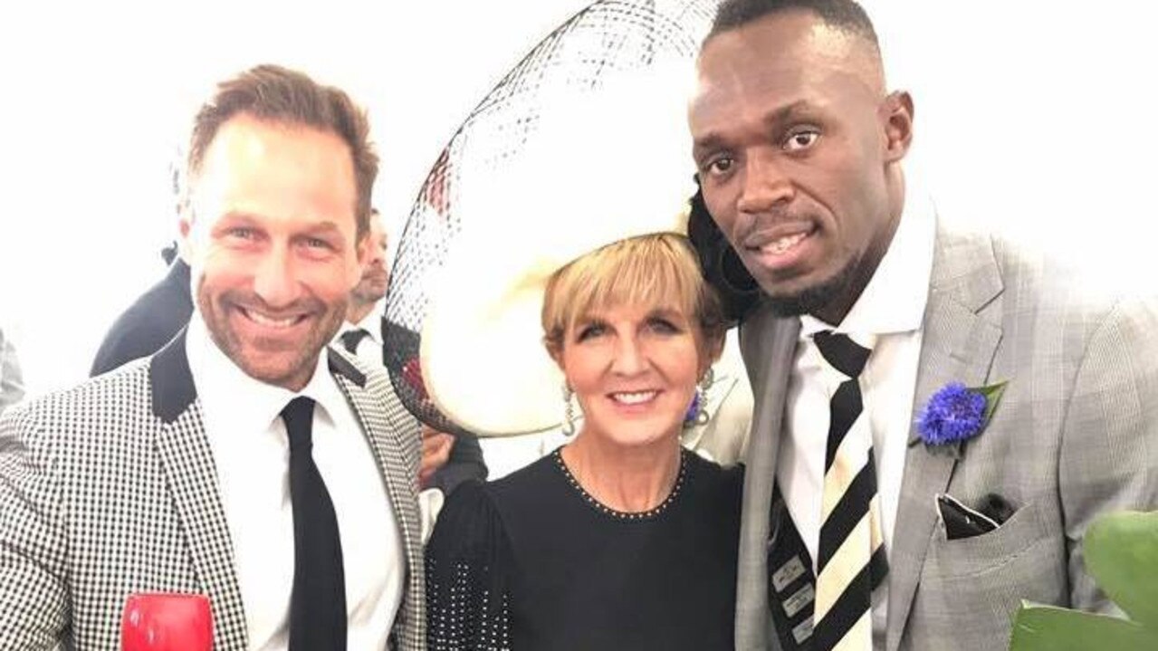 Hayden Burbank with Julie Bishop and Usain Bolt at the Melbourne Cup in 2017. Picture: Facebook