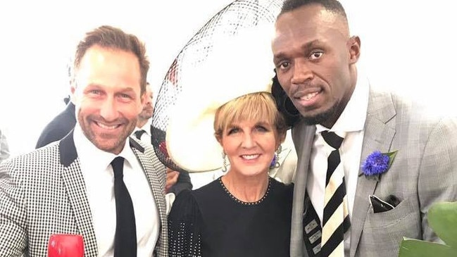 Hayden Burbank with Julie Bishop and Usain Bolt at the Melbourne Cup in 2017. Picture: Facebook