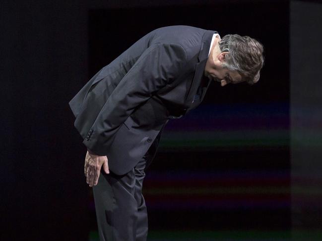 TOKYO, JAPAN - OCTOBER 25: Nissan Motor Co. Executive Vice President Daniele Schillaci bows in apology at the begining of a press conference at the Tokyo Motor Show at Tokyo Big Sight on October 25, 2017 in Tokyo, Japan. The 45th edition of Tokyo Motor Show, which domestic and international automobile manufacturers exhibit their latest products, continues until November 5. (Photo by Tomohiro Ohsumi/Getty Images)