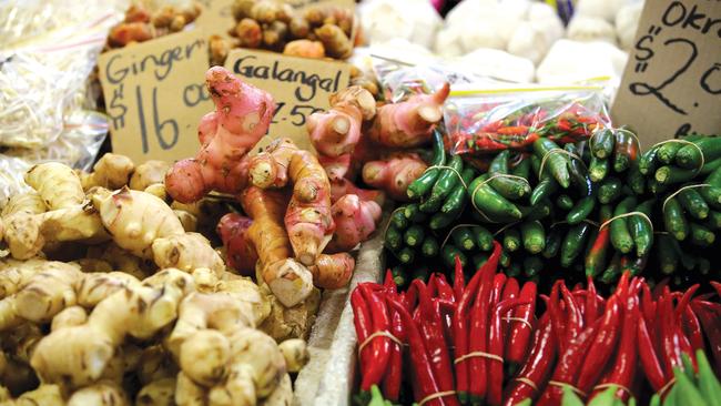 Ginger, chilli and galangal at a stall at Rusty’s market