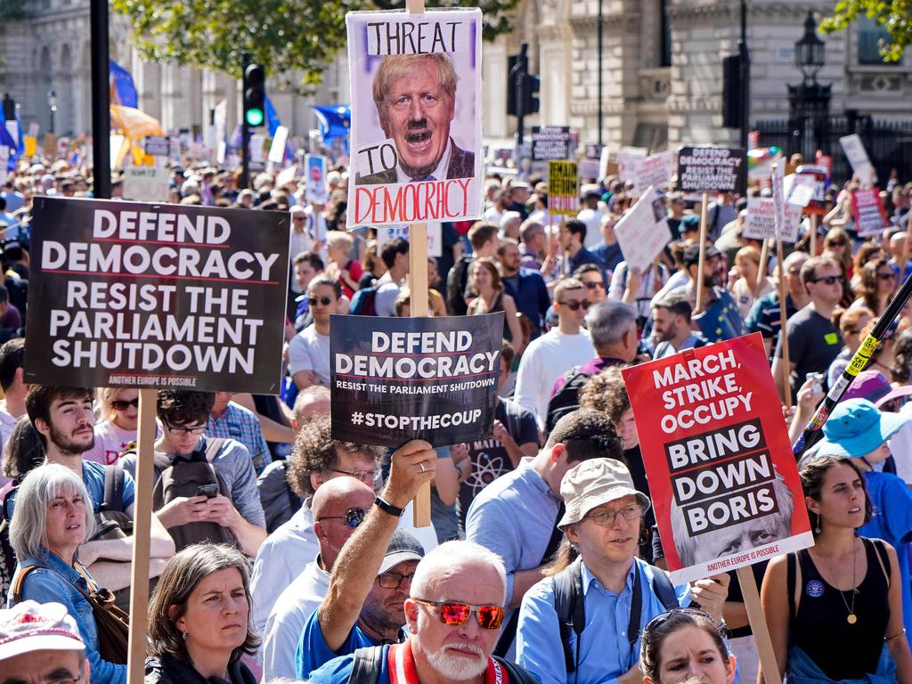 Demonstrations, being dubbed "Stop The Coup" by organisers, have been held across Britain on Prime Minister Boris Johnson's move to suspend parliament in the final weeks before Brexit. Picture: Niklas Halle'n/AFP.