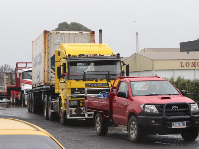 Trucks pull out of Swift Meatworks in Longford. Picture: BRUCE MOUNSTER