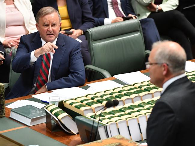 Leader of the Opposition Anthony Albanese and Prime Minister Scott Morrison during Question Time in the House of Representatives at Parliament House in Canberra, Thursday, December 5, 2019. (AAP Image/Mick Tsikas) NO ARCHIVING