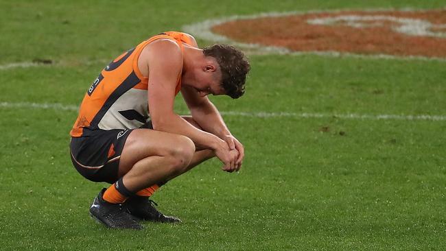 Harry Perryman reacts after the final siren. Picture: Paul Kane/Getty Images