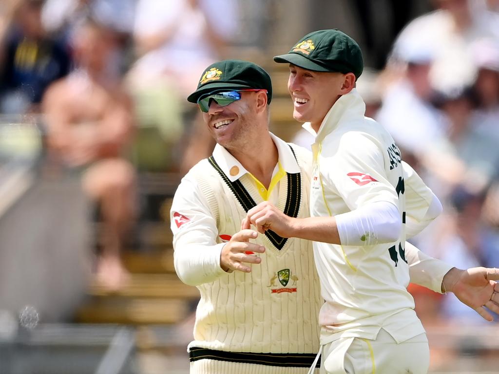 Marnus Labuschagne and David Warner during the Ashes. Picture: Stu Forster/Getty Images.