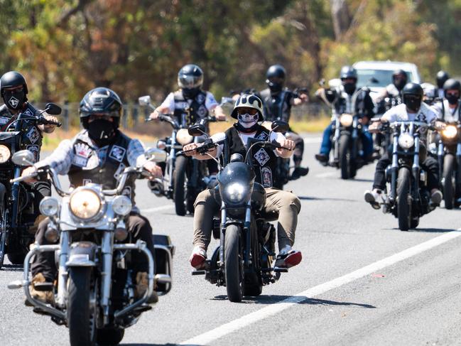 WODONGA, VIC, AUSTRALIA - NewsWire Photos 28 January 2021 : , , Finks Outlaw Motorcycle Gang taking part in their national run from 27 to 28 January., , Pictured leaving Wodonga on Saturday and heading towards Cranbourne., , , Picture: NCA NewsWire