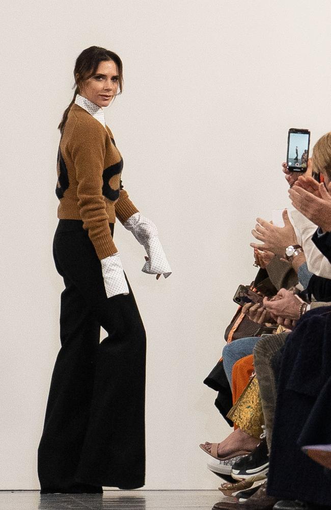 Victoria Beckham acknowledged the crowd after her 2019 autumn/winter show in London. Picture: AFP 