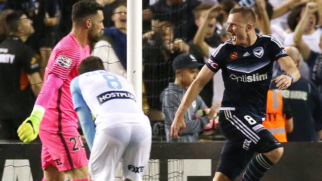 Besart Berisha gets in the face of Melbourne City's Dean Bouzanis.